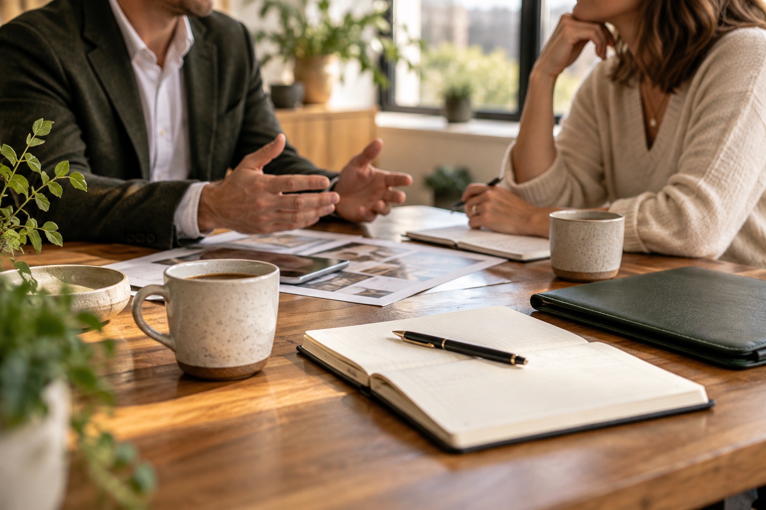Illustrative AI-generated business discussion around a meeting table