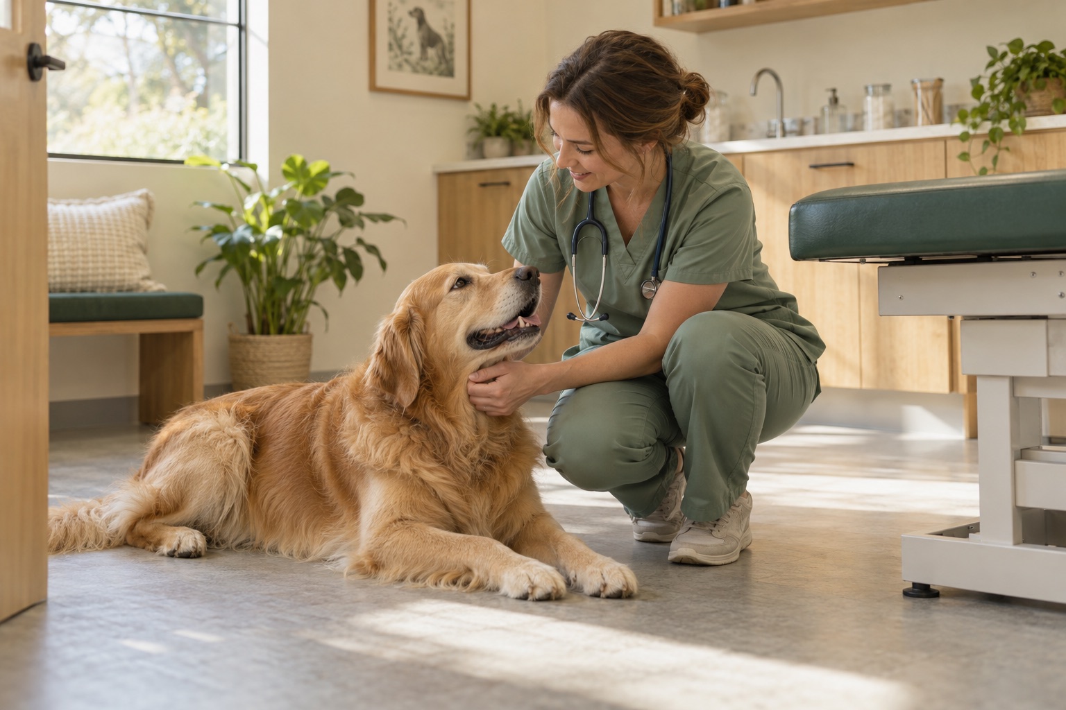 Illustrative AI-generated scene of a veterinarian with a dog in a clinic